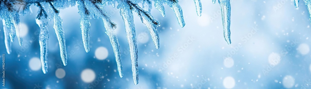 Poster stunning ice formations hanging from branches create a serene winter scene with a soft blue bokeh ba