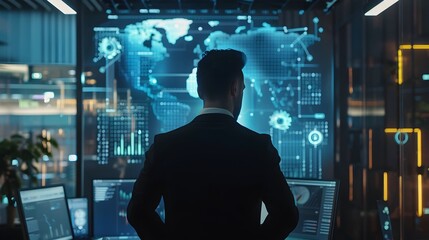 Business Leader Utilizing AI Driven Analytics to Examine Market Data and Trends