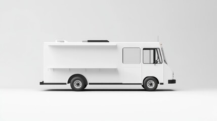Naklejka premium A sleek, white food truck set against a plain white backdrop, offering ample space for creative design and branding visualization.