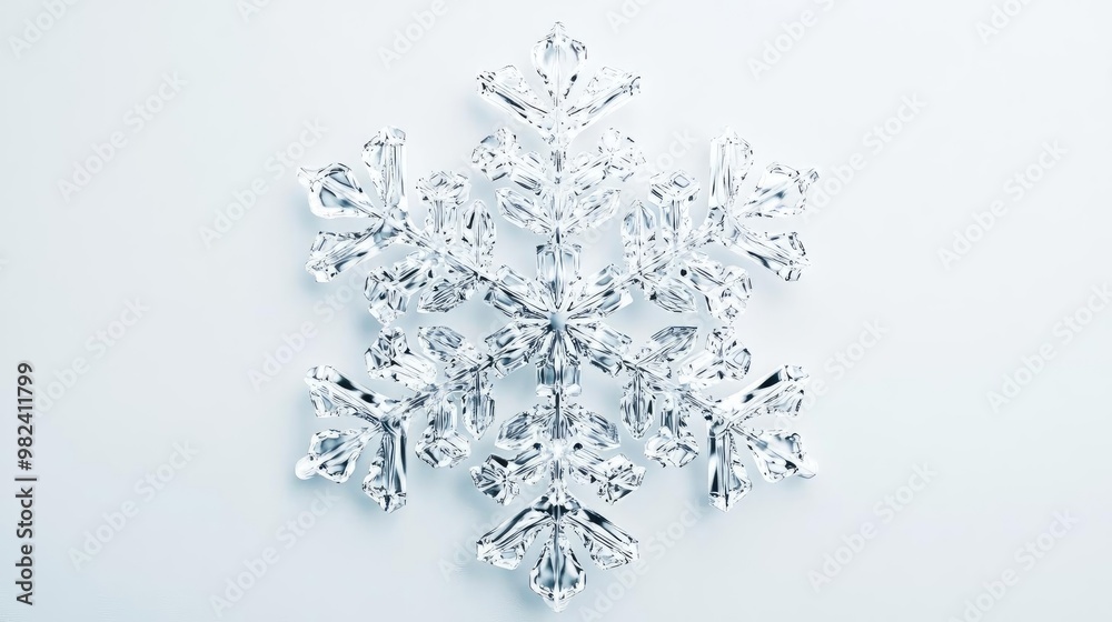 Poster a delicate snowflake beautifully captured against a soft white background, showcasing its intricate 