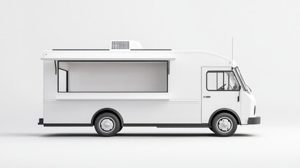 Fototapeta premium A sleek, white food truck set against a plain white backdrop, offering ample space for creative design and branding visualization.
