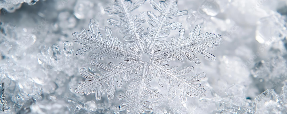 Poster A close-up view of a delicate snowflake resting on a bed of snow, showcasing intricate patterns and unique crystalline structure.