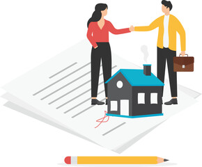 Real estate buying and selling with agents, real estate industry, real estate taxation, home loans or mortgages, buying a house with contract signing,

