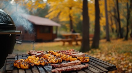 Food is grilling on a barbecue in a picturesque autumn setting, with a cabin, picnic table, and colorful foliage in the background