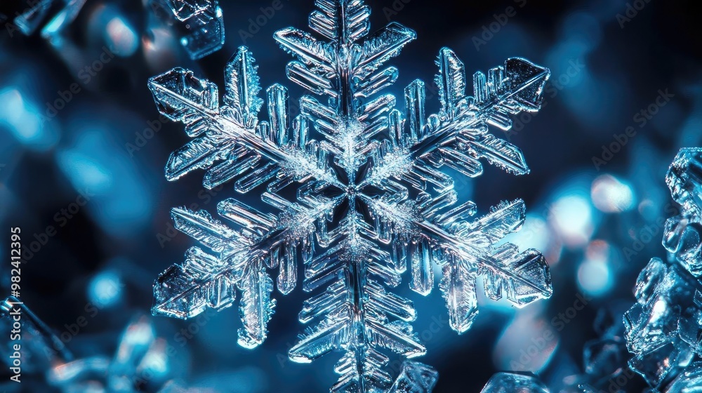 Poster close-up of a beautiful snowflake, showcasing intricate patterns and delicate formations against a s