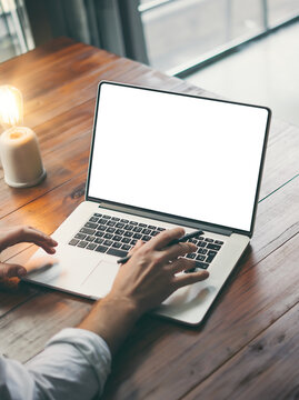 Close up of male hands and laptop with blank screen. Mock-up of computer monitor. Copyspace ready for design or text. Transparent screen, cut out. PNG