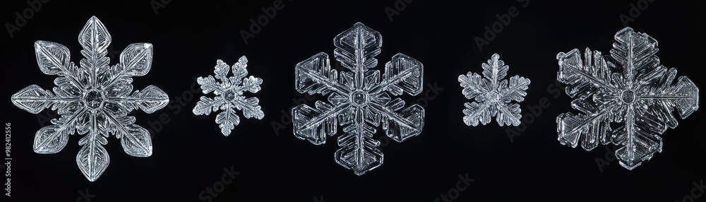 Poster Close-up view of various intricate snowflakes showcasing unique geometric patterns and crystalline structures against a dark background.