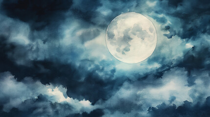 Watercolor full moon in cloudy sky, dark blue tones, night sky illustration