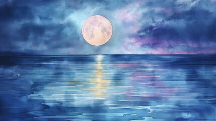 Watercolor moon over ocean, blue and pink hues, tranquil and dreamy scene