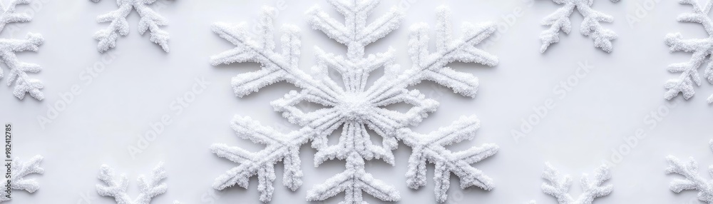 Poster a stunning close-up of intricate snowflakes on a white background, showcasing their unique patterns 