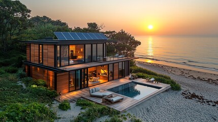 Fototapeta premium A modern coastal house with solar panels strategically positioned to maximize sunlight exposure on a sandy beach