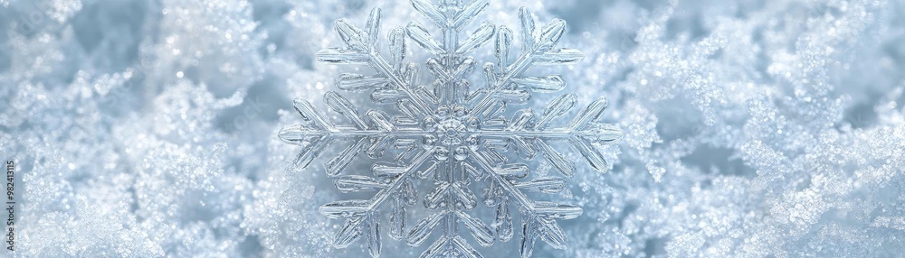 Poster Close-up of a delicate snowflake resting on pristine snow, showcasing intricate details and a serene winter atmosphere.