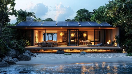 Obraz premium A beach villa with solar panels and an outdoor dining area, facing a private section of beach