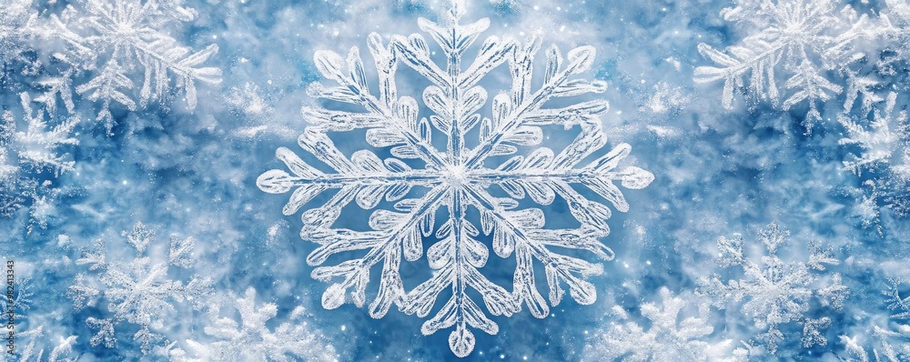 Poster A beautiful close-up of a snowflake on a blue background, showcasing intricate patterns and the magic of winter.