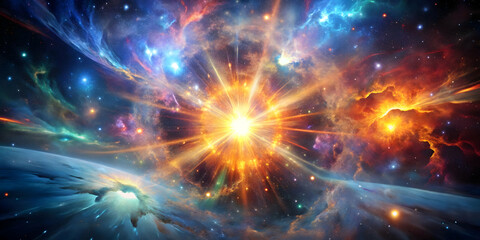 Abstract cosmic explosion with bursts of color, stars, and swirling nebulae