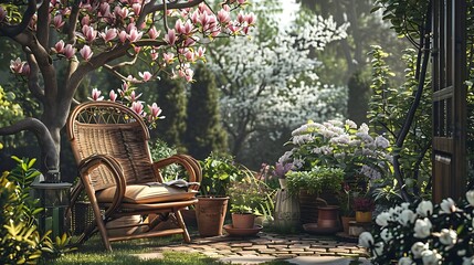 Obraz premium Relaxing garden chair with magnolia flowers and vegetable plants