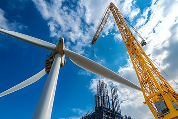 A yellow crane lifts a large wind turbine blade against a backdrop of a blue sky with white clouds.