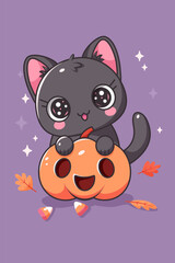 Naklejka premium black kitten holding pumpkin, halloween vector illustration in kawaii style