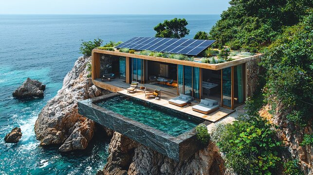 A compact yet luxurious beach home with solar panels on top, capturing the sun energy as waves crash nearby
