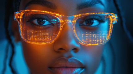 Portrait of woman wearing large glowing glasses with digital code reflections. High-tech environment, focused on coding and software development in a modern tech-driven workspace.