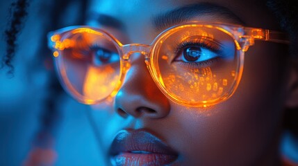 Close-up of a young woman wearing large orange glowing glasses, reflecting digital data, immersed in a futuristic high-tech environment, focusing on technology innovation and virtual reality.