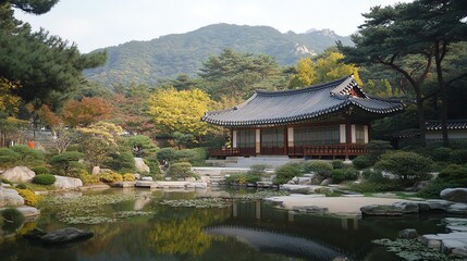Fototapeta premium A traditional Korean building sits on the edge of a pond in a garden setting.