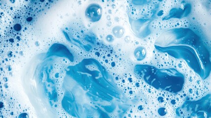 Foamy blue soap bubbles creating an intricate texture, filled with detailed foam and froth, representing cleanliness, freshness, and the refreshing sensation of soapy water