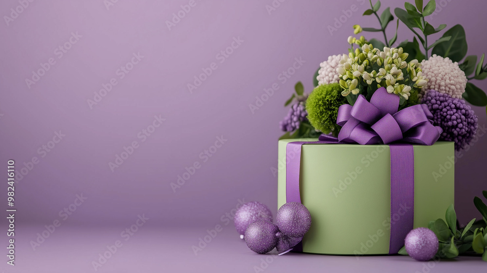 Wall mural purple and green flower gift wrapping background