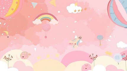 A delightful children's cartoon scene set against a dreamy pink background. There are colorful and cute characters that might be animals or little people