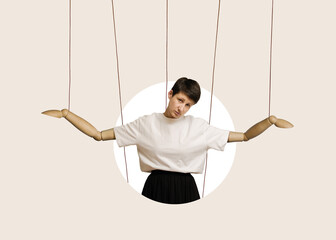A woman with puppet hands on strings. Art collage.