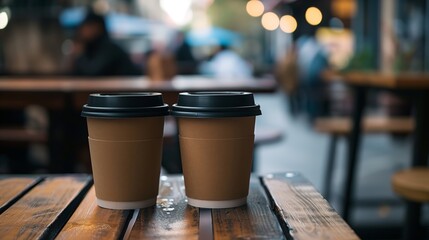 Two Coffee Cups on a Wooden Table in an Outdoor CafÃ© Setting, Blurred Background.