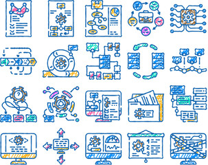 system analyst data business doodle icons set vector. sketch line art computer digital, financial technology, kpi information, analytics management, chart system analyst business color illustrations