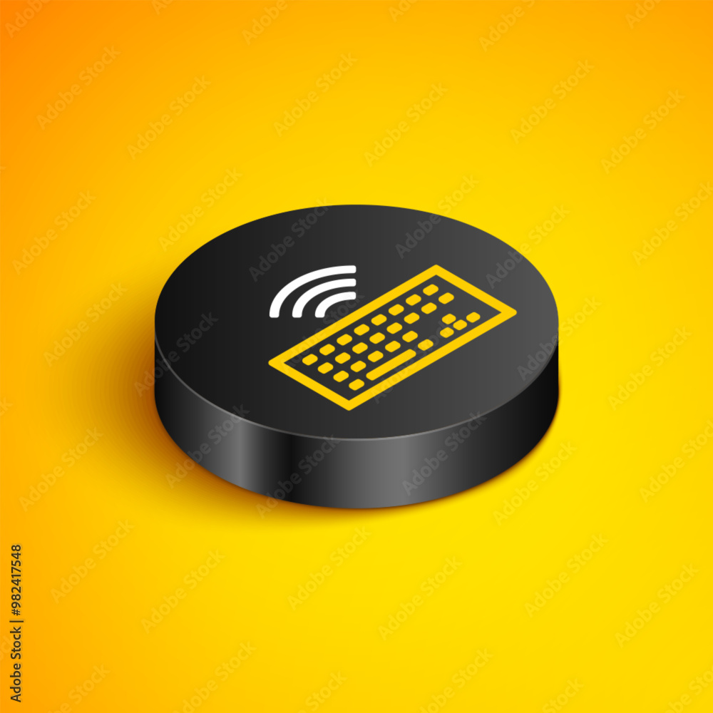 Poster isometric line wireless computer keyboard icon isolated on yellow background. pc component sign. int