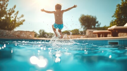 Naklejka premium Energetic shot of a child mid-air as they leap into a refreshing pool summer fun and family vacation theme