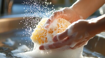 Fototapeta premium Hands using a soapy sponge to clean dishes under running water. Kitchen cleaning close up shot