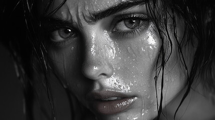 Fototapeta premium Close-up black and white portrait of emotional woman with tears and wet face