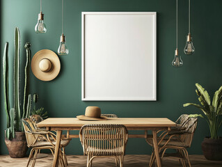 Interior of a room with white frame on wall, green walls, table and chairs. Created with Ai