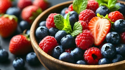 A vibrant assortment of colorful berries, including strawberries, blueberries, and raspberries, carefully arranged in a wooden bowl, highlighting their richness in antioxidants and benefits 