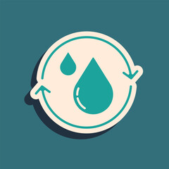 Green Recycle clean aqua icon isolated on green background. Drop of water with sign recycling. Long shadow style. Vector