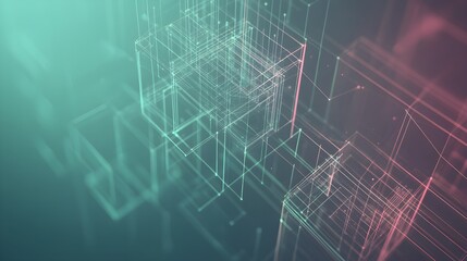 Obraz premium Abstract visualization of web design using a wireframe structure in a 3D digital space, with geometric shapes and lines forming the foundation of a website layout, symbolizing innovative web 