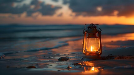 Serene Beach Scene with Glowing Oil Lantern Casting Warm Light Creating Peaceful Ambiance