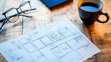 Close-up of a detailed business plan blueprint on a wooden desk, with coffee and glasses placed nearby, capturing the essence of meticulous strategic planning and professional preparation 