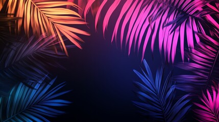 Tropical leaves illuminated in bright neon colors.