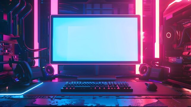 Blank computer monitor in a high tech gaming setup with colorful LED lights mock up background concept copy space