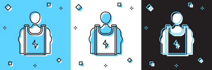 Set Bodybuilder showing his muscles icon isolated on blue and white, black background. Fit fitness strength health hobby concept. Vector