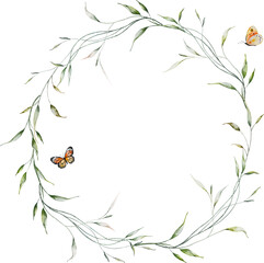Naklejka premium Watercolor Leaves Wreath and Butterflies