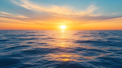 Obraz premium The sun rising gently over a peaceful ocean, creating a scene of calm and renewal, representing the concept of new beginnings and fresh opportunities with the morning light 