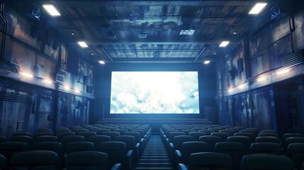 Naklejka premium Empty Industrial-Style Movie Theater with Large Screen in Atmospheric Light - Modern Entertainment Space