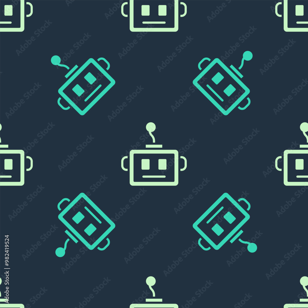 Poster green and beige artificial intelligence robot icon isolated seamless pattern on blue background. mac