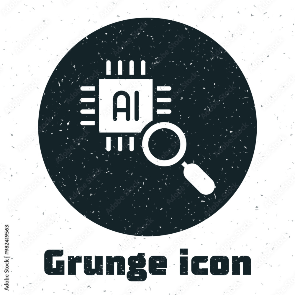 Poster Grunge Computer processor with microcircuits CPU icon isolated on white background. Chip or cpu with circuit board. Micro processor. Monochrome vintage drawing. Vector